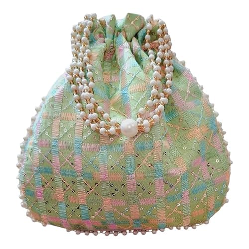 handmade checked embroidery potli | embellished satin wristlet bag for women & girls | batwa wallet | clutch bags for return gifts | drawstring closure potli