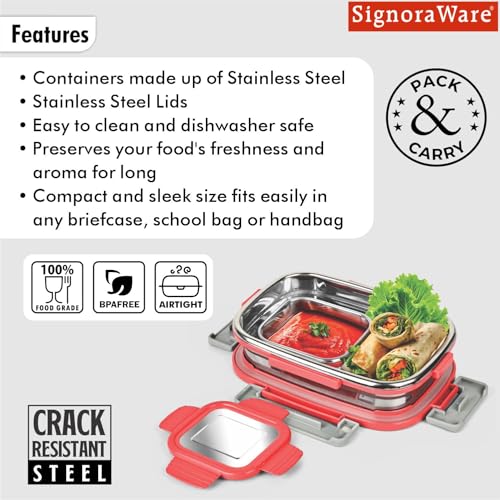 Image of SignoraWare Quickmeal Stainless Steel Small Lunch Box | Airtight & Leakproof | Portion Control | Easy to Carry | Ideal for Office, School, Kids & Travel (650ml + 130ml | Red)