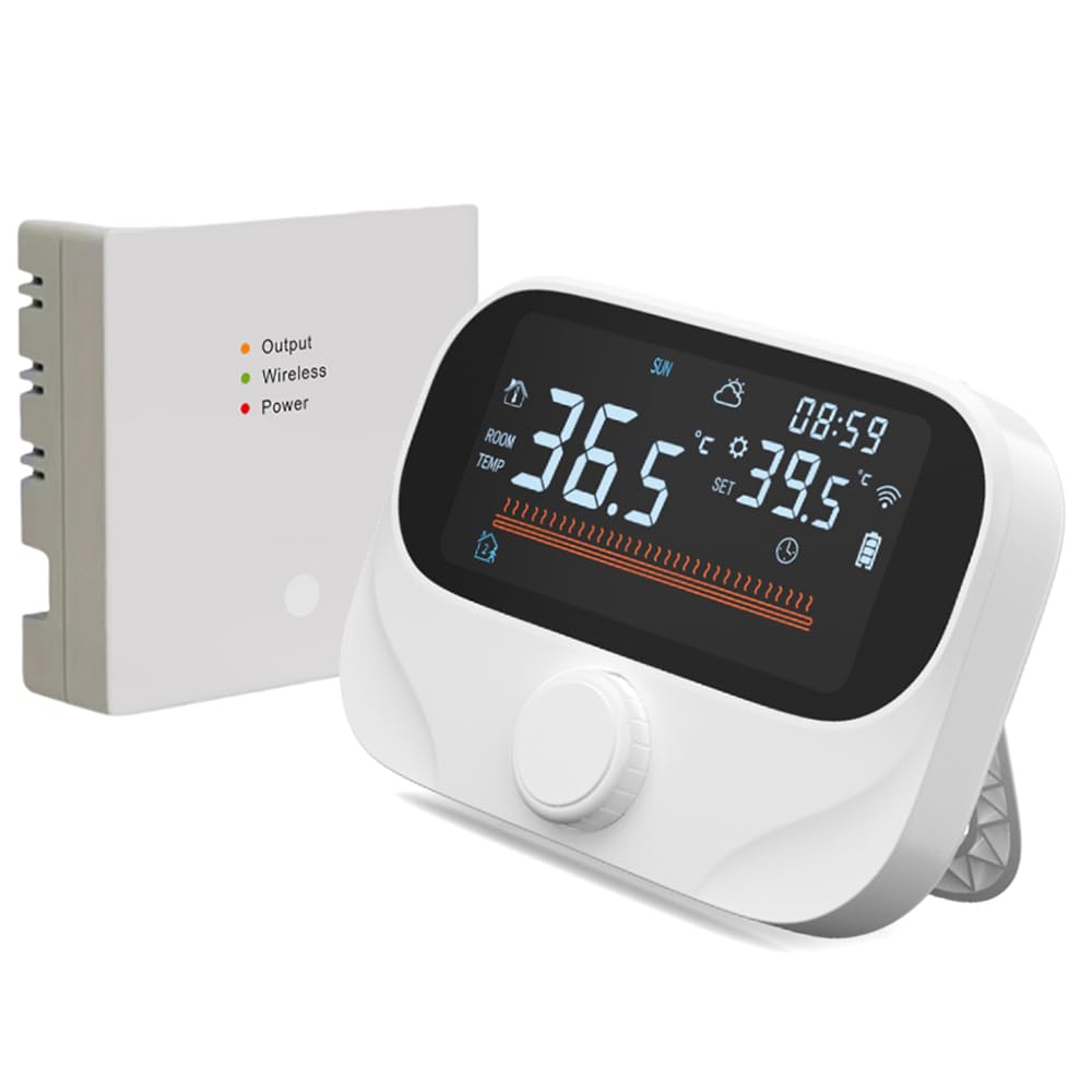 Termostato Intelligente per Riscaldamento Caldaia, RF433 980ft Wireless con Controllo Vocale APP, Touch Screen LED Programmabile IP20 Resistente all'Acqua USB Alimentato