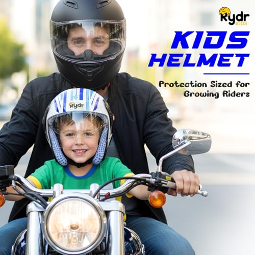 Image of RydrKids-URA Star S-Leo-Blue Motorcycle Helmet with Visor Shield and Helmet Bag, Size XS (Ages Upto 8 Years Blue) | Lightweight, Adjustable Safety Helmet for Boys