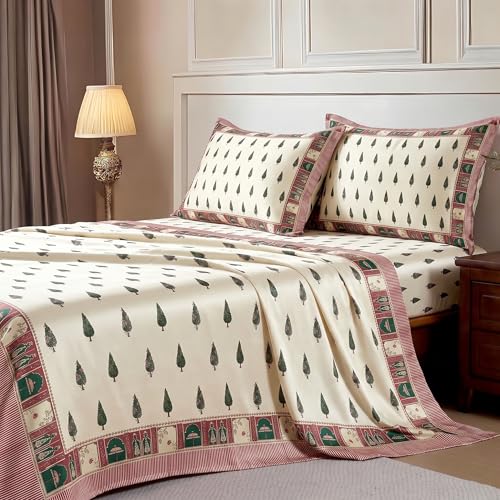 Image of Ishro Home Premium Bedsheet for Double Bed with 2 Pillow Covers - Cloud Cotton Bedsheet, Soft, Silky Smooth & Wrinkle Resistant, Luxury Printed Design (Flat Double Bed Size, Udaipur Grove)