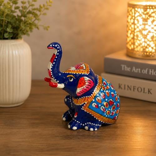 Image of eCraftIndia Handcrafted Blue Decorative Elephant Showpiece for Home Decor, Traditional Hand-Painted Elephant Figurine, Lucky Feng Shui Elephant Statue for Living Room, Office & Gift Purpose