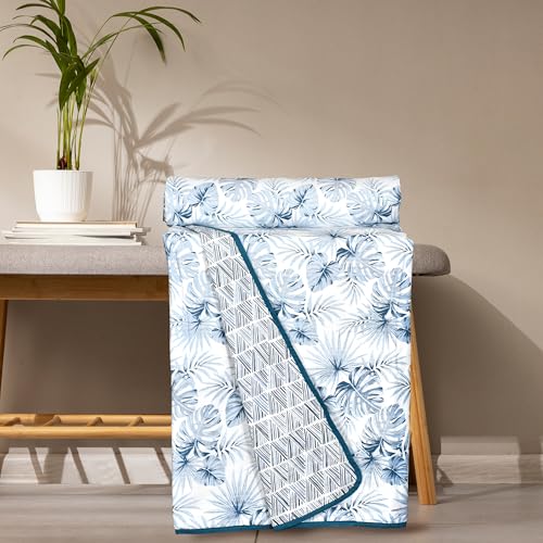 Image of Danip 100% Cotton Reversible AC Dohar Blanket, Throw - Printed Soft, Skin-Friendly, Lightweight & Ideal for All-Weather - 3 Layered Double Bed Dohar for AC Rooms (86 x 94 Inches) - White & Blue Leaf