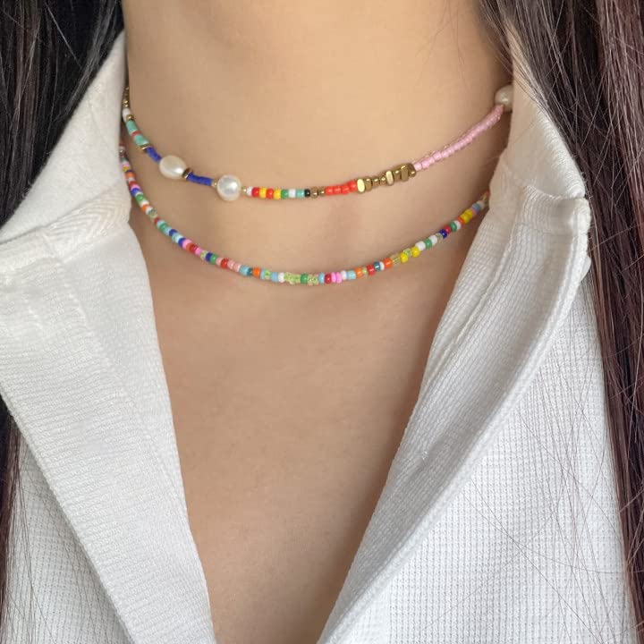 Wellike Freshwater Pearl Beaded Necklace for Women Handmade Boho Colorful Glass Beads Choker Necklace Stainless Steel 18K Gold Plated Bohemian Women Summer Jewelry Gifts
