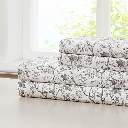 Modern Threads Silky Soft Microfiber and Wrinkle Free Sheets - Luxurious Microfiber Bed Sheets Includes Flat Sheet, Fitted Sheet with Deep Pockets, & Pillowcases Grey Garden Toile, King