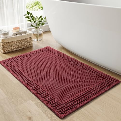 RESARE Waffle Bath Mat for Bathroom Non Slip Bathroom Rugs 17x24 Dark Red