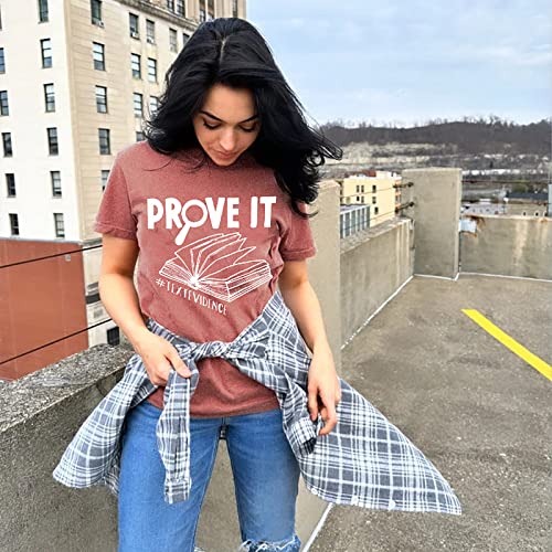 Teacher Shirts for Women Reading Book Graphic Tees with Prove It Text Evidence Letter Print Short Sleeve Tops3