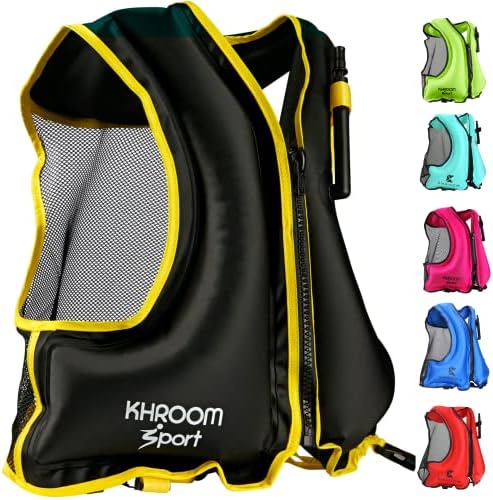 Khroom Inflatable Snorkel Vest Adults and Teenagers | 60"-75" / 90 lbs-240 lbs | Weighs only 400 Grams | Buoyancy Jacket for Snorkeling and SUP - Snorkel Jacket, Buoyancy Aid, Buoyancy Vest (Black)