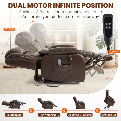 Image of Dual Motor Power Lift Recliner Chair, PU Leather Lay Flat Lift Chair for Elderly with Massage & Lumbar Heating, Extended Footrest, USB Charging, Remote Control, Removable Lumbar Pillow, Brown