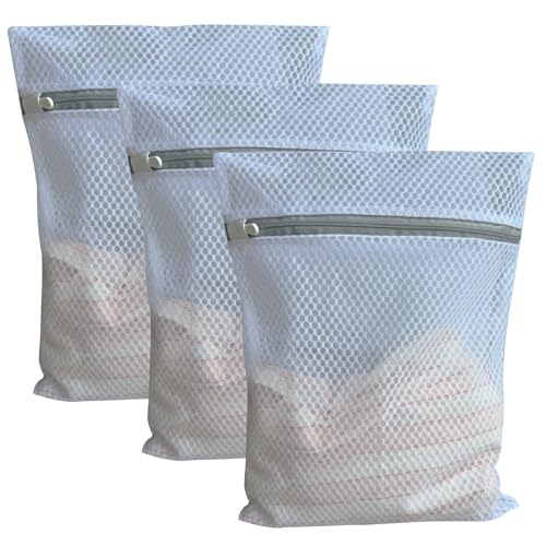 3Pcs Mesh Laundry Bags Durable Zipper Wash Bags for Delicates, Lingerie, Bras, Underwear, Baby Clothes, Shoe, Sock - Protect Garments in Washing Machine Pouch Net Bag Travel 12 x 16 Inches