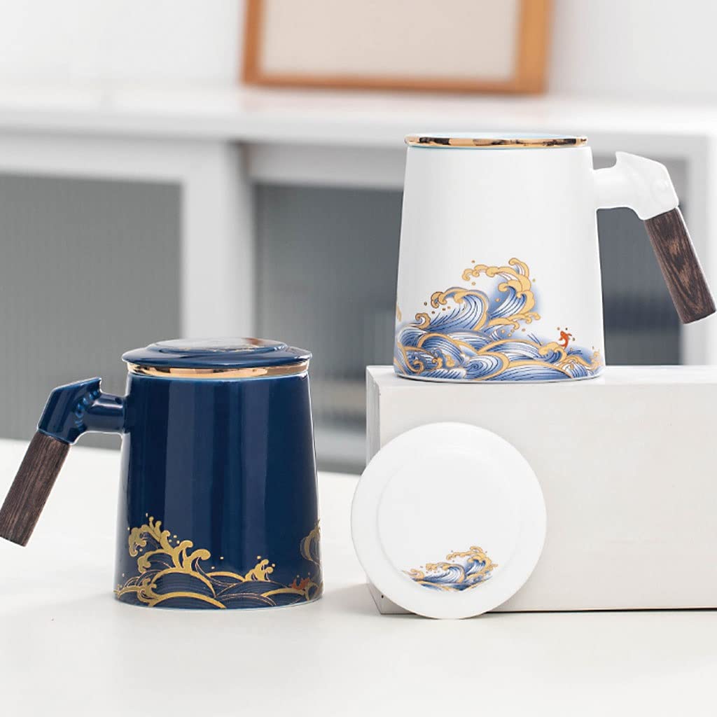 HSQMA Tasse À Thé en Céramique avec Couvercle, Tasse À Thé avec Poignée en Bois, Tasse À Thé avec Filtre pour La Maison Et Le Bureau，Parfaite pour Le Bureau Et La Maison (Color : Dark Blue)