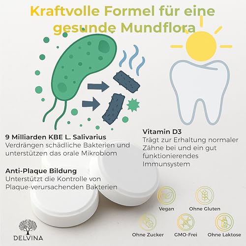 DELVINA Mundgeruch bekämpfen - 90 Lutschtabletten für Mundhygiene ohne Mundspülung und Zungenreiniger - Frischer Atem - Bakterienkulturen mit Vitamin D3 gegen Mundgeruch, Zitrone, 3 Monatsvorrat