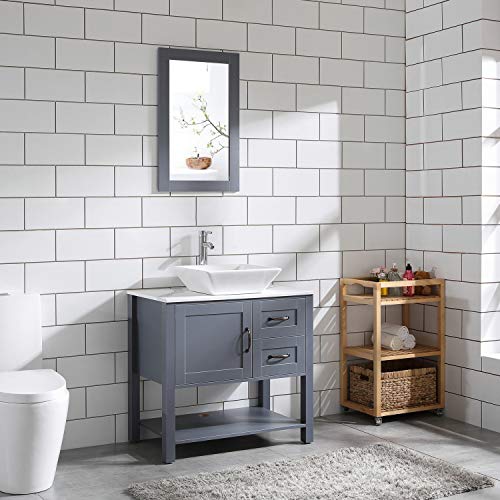 30" Gray Bathroom Vanity and Sink Combo Marble Pattern Top w/Mirror Faucet&Drain
