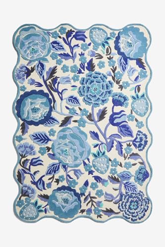 Image of FloorFusion 'Floral' Design Premium Rug Loop Cut High Low Pile Woolen Carpet for Living Room Bedroom Drawing Room Hall and Floor Size 6 x 8 feet (180x240 cm) Color Ivory & Blue Multi