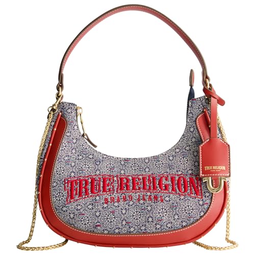 True Religion Hobo Bag, Women's Striped Denim Crescent Handbag and Adjustable Chain Strap, Red