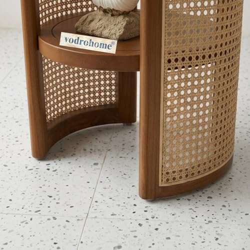 Image of Charcoal Rattan Cane Side Table with Glass top - Bohemian Solid Mango Wood Cane Iron Sofa Side end Table - Wood and Cane Nesting Table S#047 (Honey 4)
