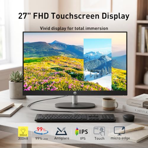 Image of HP Essential 27 inch FHD Touchscreen All-in-One, Intel Ultra 7 255U, Wi-Fi 6, Privacy Camera, Wired Keyboard and Mouse, Copilot AI, RJ-45, Win 11 Pro (Black, 64GB RAM | 2TB SSD)