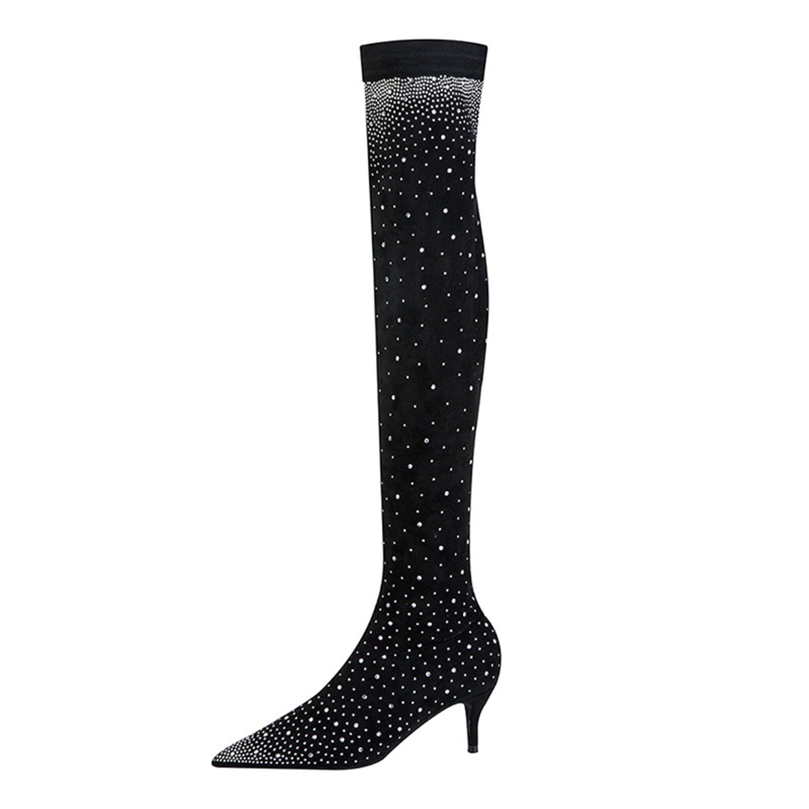 Damen-Kniehohe Stiefel mit Glitzernden Diamanten 7cm Absatz Elegante High-Heel-Stiefel für Party Abend Luxuriöse Spitzenverzierung Robustes Obermaterial