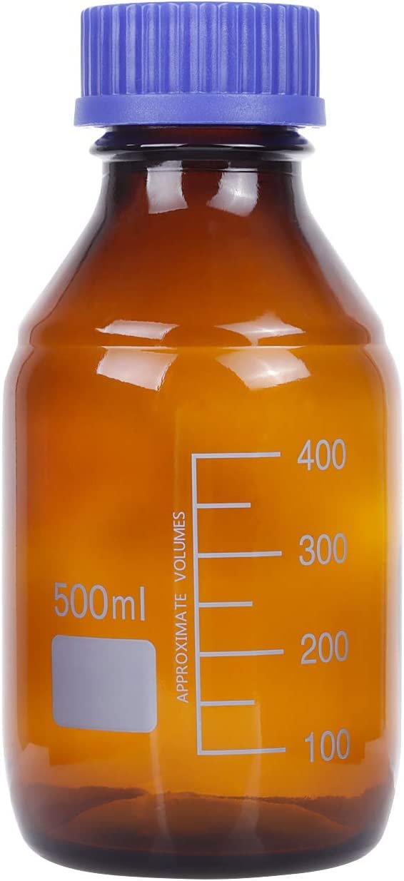 Lab Media Storage - Botellas de color ámbar, envase de vidrio graduado, GL45, tapón de rosca, a prueba de fugas, multiusos, para científicos, paquete de 8 (azul, 500 ml)