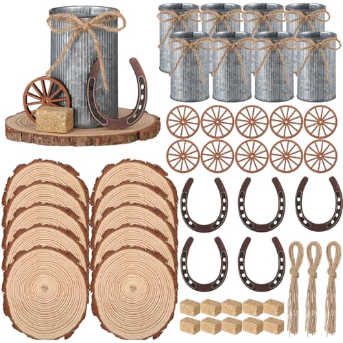 Fiwochic 50 Pcs Western Party Decorations Mini Horseshoe Wagon Wheel Hay Bales Crafts Wooden Plate Farmhouse Vase Table Centerpieces Supplies for Western Birthday Wedding Party Favors Decor (Silver)