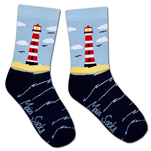Moin Socks Leuchtturm Socke mit Strand und Wellen, Unisex Größe 41-46