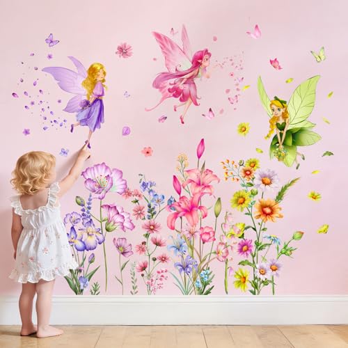 Tanlaby Stickers Muraux Fée Fleur Autocollants Muraux Papillons Floraux Elfes Sticker Mural Amovible Deco Stickers pour Chambre de Fille Pépinière D'enfant...