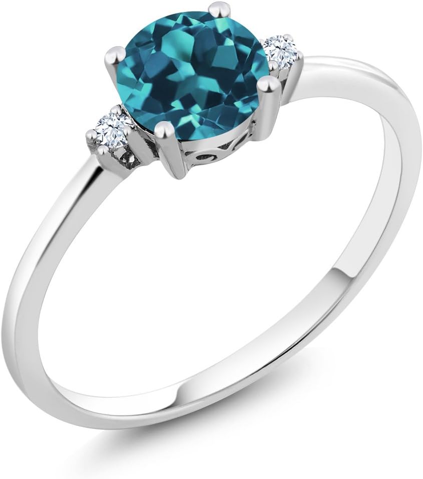 Gem Stone King 10K White Gold London Blue Topaz and White Created Sapphire Solitaire Engagement Ring For Women (0.78 Cttw, Round 6MM, Gemstone November Birthstone)