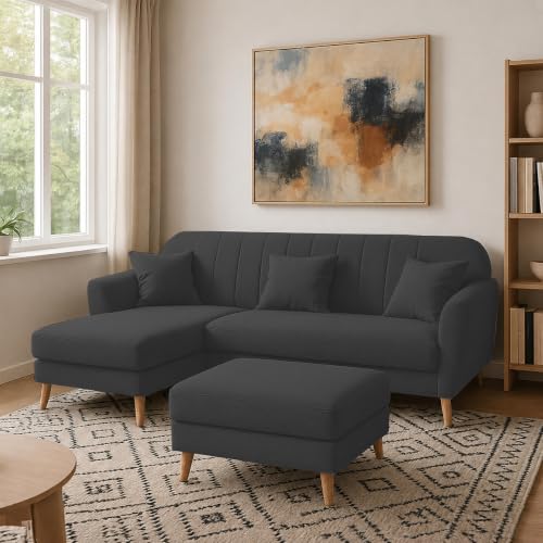 Image of Atticus LHS 4 Seater L Shape Sofa Set with Ottoman for Living Room (Black Fabric) Premium Fabric Sofa Set