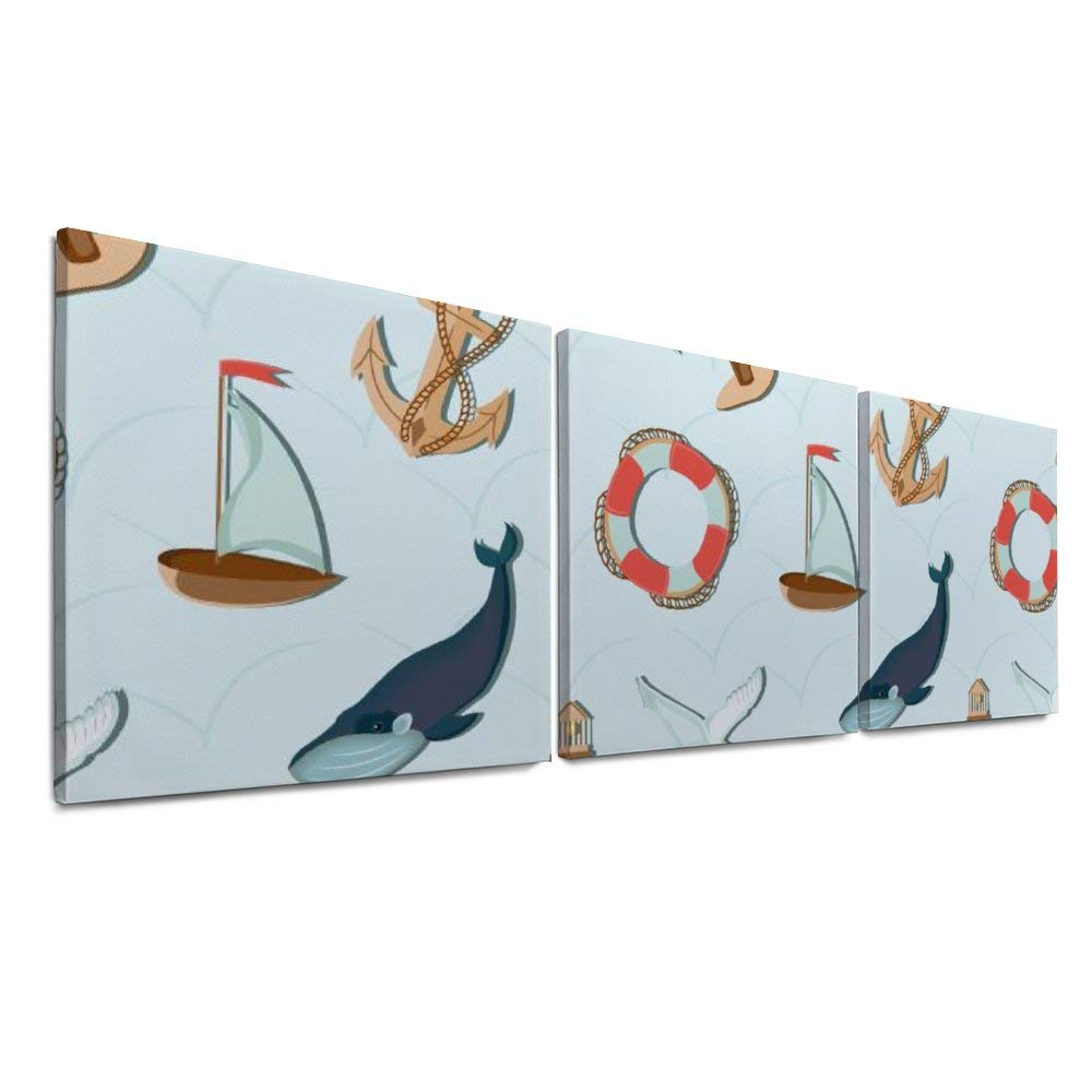 YATELI Wall Decor Giclee 3 Panels Canvas Prints for Living Room Modern Bathroom Stretched and Framed Sea Whale Pattern Lifebuoy pet