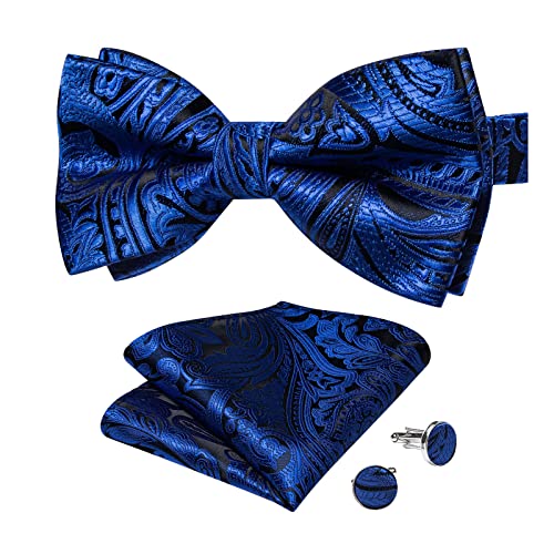 Image of DiBanGu Paisley Pre-Tied Bow Ties for Men Silk Adjustable Bowtie and Pocket Square Cufflinks for Wedding Party