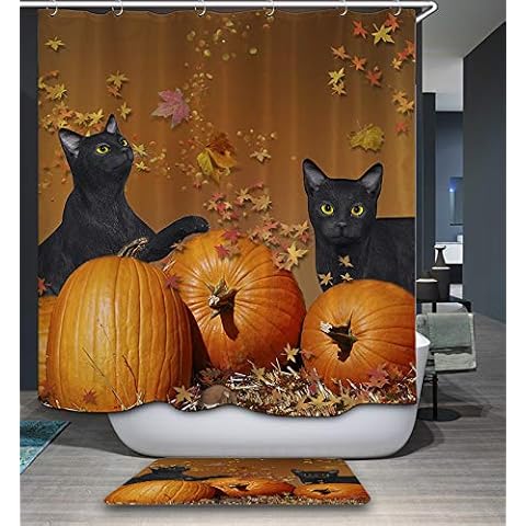 Gojeek Black Cat Shower Curtain for Halloween, Fall Season Themed Golden Maple Leaves and Pumpkins Black Cat Curtains Bath Accessories with 12 Plastic Hooks (72'' 72'' Curtain) Cover