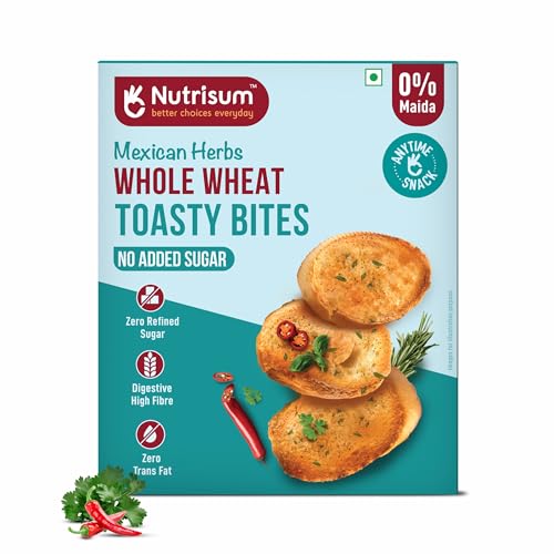 Image of Nutrisum Whole Grain Toast /Toasty Bites - No Maida, Sugar-Free, High Fiber healthy snack| Made Real Butter & Olive Oil | Perfect with Tea| Anytime Snack Mexican herb Flavour Toast (150gms x Pack of 4)