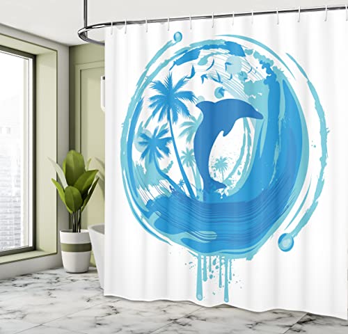 Ambesonne Dolphin Shower Curtain, Tropical Theme Maritime Image Ocean Inspired Image Exotic Trees and Birds Print, Cloth Fabric Bathroom Decor Set with Hooks, 69" W x 70" L, Blue Turquoise - Image 4
