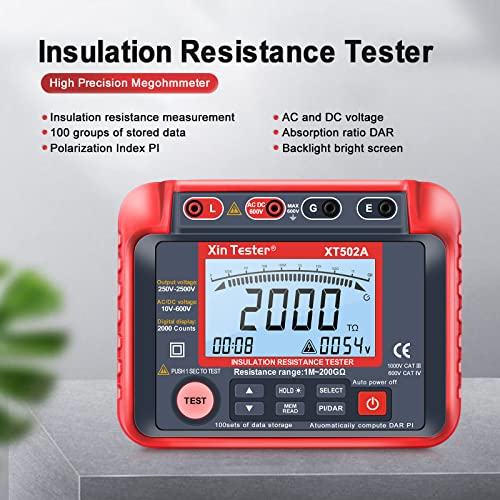 Image of Xin Tester 2500V AC DC Insulation Megger Tester Megohmmeter, 250V /500V /1000V /2000V High Voltage Auto Ranging Auto Earth Grounding 200GΩ Resistance Meter LCD Display XT502A
