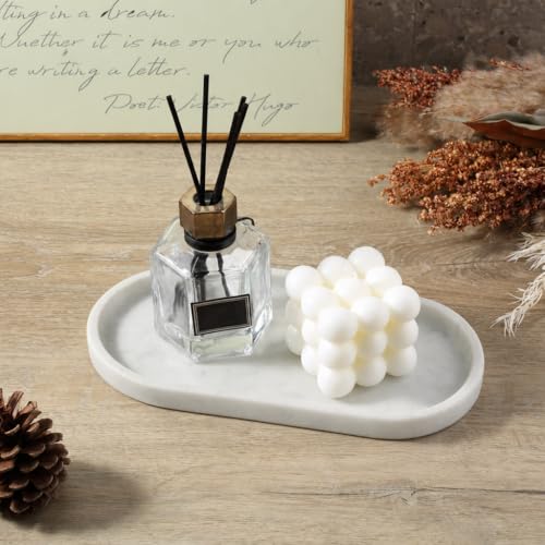 Image of Koville Natural White Marble Tray for Home Decor, 10 inch x 5 inch Marble Vanity Tray for Bathroom Countertop Organizer Stone Trays, Catchall Tray for Perfume, Candles, Jewelry (Bianco Carrara)