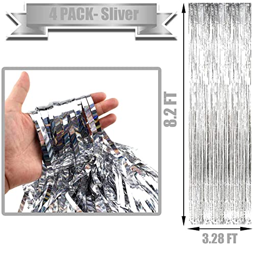Image of 4 Pack Silver Foil Fringe Curtain Backdrop, 3.28Ft x 8.2Ft Metallic Tinsel Foil Fringe Streamer Curtains for Photo Booth Props, Birthday, Wedding, New Year's, Christmas Decoration Party Supplies