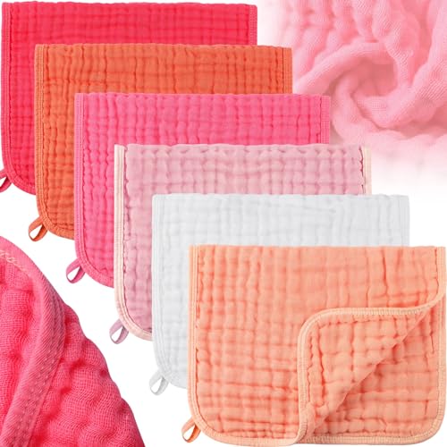 Image of Hicarer 6 Pcs Muslin Burp Cloths Pure Cotton Baby Burping Rags 20 x 10 Inch 6 Layers Spit up Rags Neutral Large Soft Absorbent Multicolor Muslin Washcloths Diapers for Newborn Girl Boy (Pink Series)