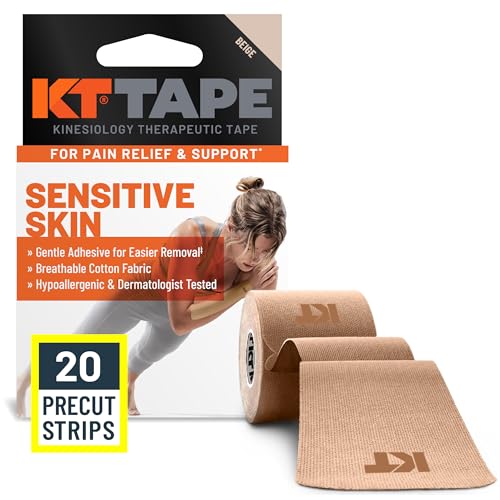 KT Tape Kinesiology Athletic Tape Gentle Adhesive for Sensitive Skin 20 Count 10 Precut Strips Beige