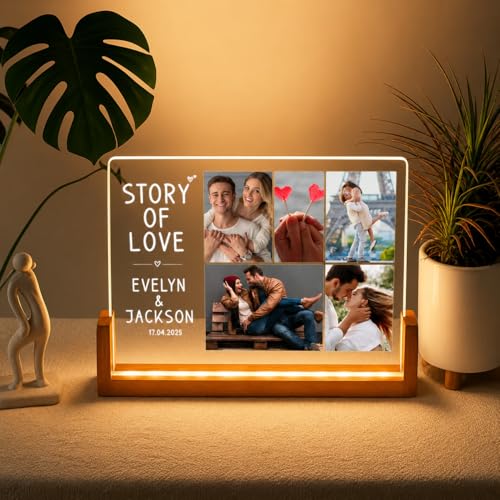Image of Custom Photo Collage LED Lamp, Personalised Acrylic Night Light, Warm White, Modern Style, Anniversary and Birthday Gift for Couples and Friends (Design 4)