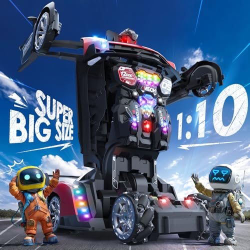 Image of Holyton 1:10 Transforming RC Car, Large Gesture-Sensing Remote Control Car with One-Button Transformation, LED Lights, Fog Spray, 2 Rechargeable Batteries for 80-Min Playtime, Gift for Kids Ages 5-12