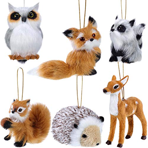 WILLBOND 6 Pieces Woodland Animal Christmas Ornament Faux Fur Plush Animal Hanging Ornaments Furry Animal Ornament Hanging Ornament for Christmas Tree Keychain Backpack Hanging Home Decoration