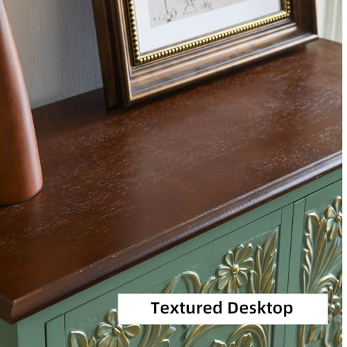 Vintage-Green-Sideboard-Wood-Accent-Cabinet-with-Door-Handcrafted-Storage-Cabinet-with-Accents-Gold-Antique-Green-Credenza-for-Kitchen-Hallway-Entryway-Living-Room-Sage-Green Vintage Green Sideboard Wood Accent Cabinet with Door Handcrafted Storage Cabinet with Accents Gold Antique Green Credenza for Kitchen Hallway Entryway Living Room Sage Green