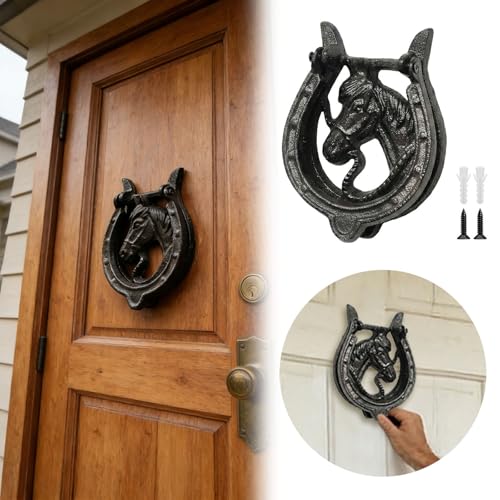 Aldaba de puerta resistente con cabeza de caballo negro y tornillos de montaje 4