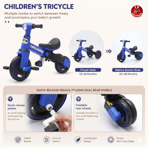 Image of 3-in-1 Toddler Tricycle | Slide, Pedal & Balance Bike for Kids | Leather Seat, Silent Wheels & Sturdy Frame | Ideal for 10 Months to 3 Years (Blue)