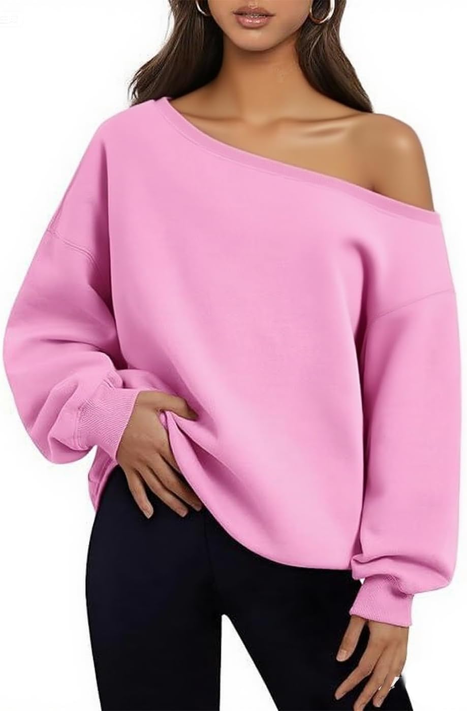 BONITEE Women Long Sleeve Off The Shoulder Sweatshirts One Shoulder Tops | Fall Sweatshirt Casual Pullover Top Winter Knit Clothes Sexy Asymmetric Neck Shirts Spring Trendy Hoodie Club Clothes