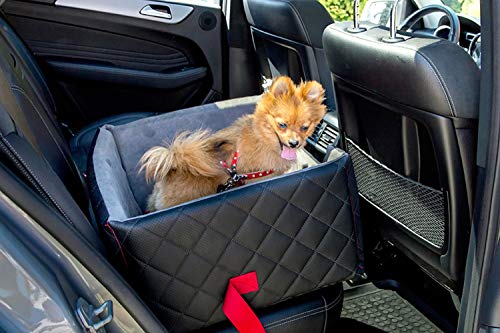 Exclusive Hunde Autositz | Autositz für Hunde, Katzen, Haustier | Rückbank, Beifahrersitz | Hundebett, Hundetasche | Kunstleder | Farbe: Schwarz/Rot | Große: L (57x50 cm)