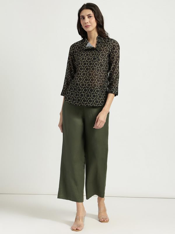 Image of FableStreet Women Formal Top | Asymmetrical Button Placket Band Collar Three-Quarter Sleeves | Pure Cotton Smooth Fabric for Office & Workwear