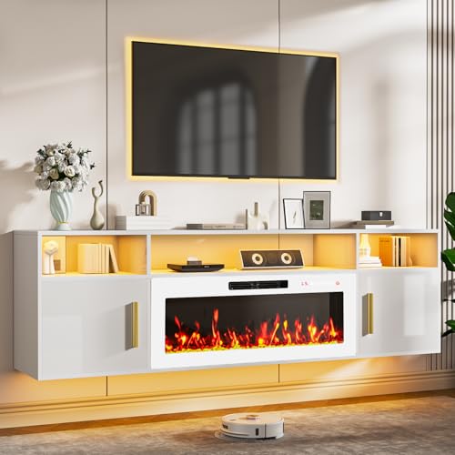 TAVATA Floating TV Stand Fireplace 70 Floating Fireplace TV Stand Wall Mounted Entertainment Center with Storage for TVs Up to 80 Modern Media Console with LED Lights for Living Room White+White