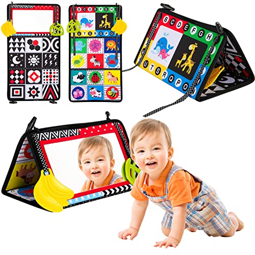 Image of Tyseoome Tummy Time Mat, Baby Mirror,Infant Toys Baby Toys 3-6 7 8 9 10 11 12 Months,Newborn Toys Sensory Toy Montessori Sensory Crinkle Black and White Book Boys Girls Soft Floor Mirror
