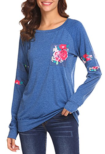 Kancystore Casual Crewneck Floral Print Sweatshirt Pullover Blouses And Tops Blue XL
